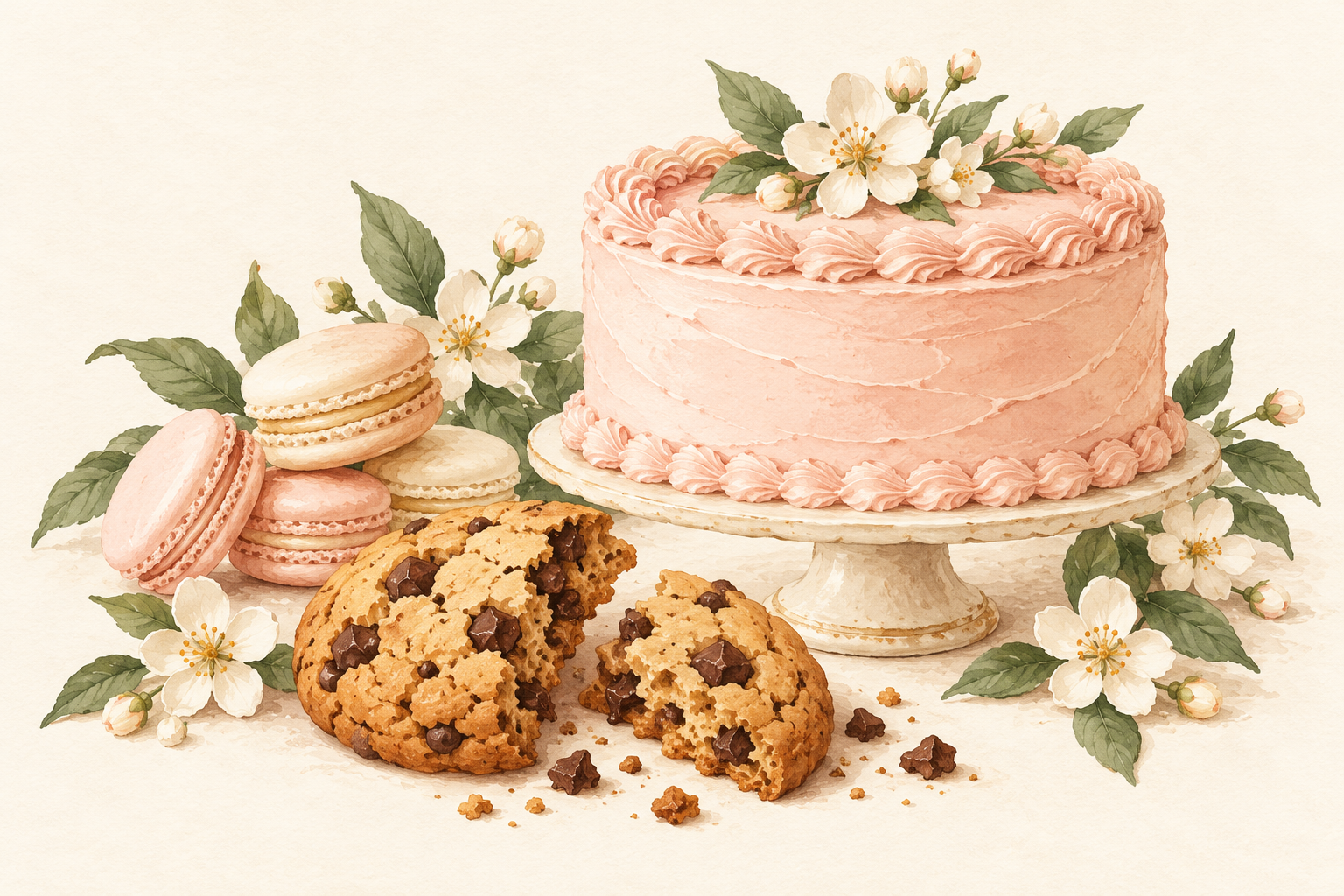 Watercolor illustration of a broken chocolate-chip cookie, blush macarons, and a piped celebration cake with white blossoms